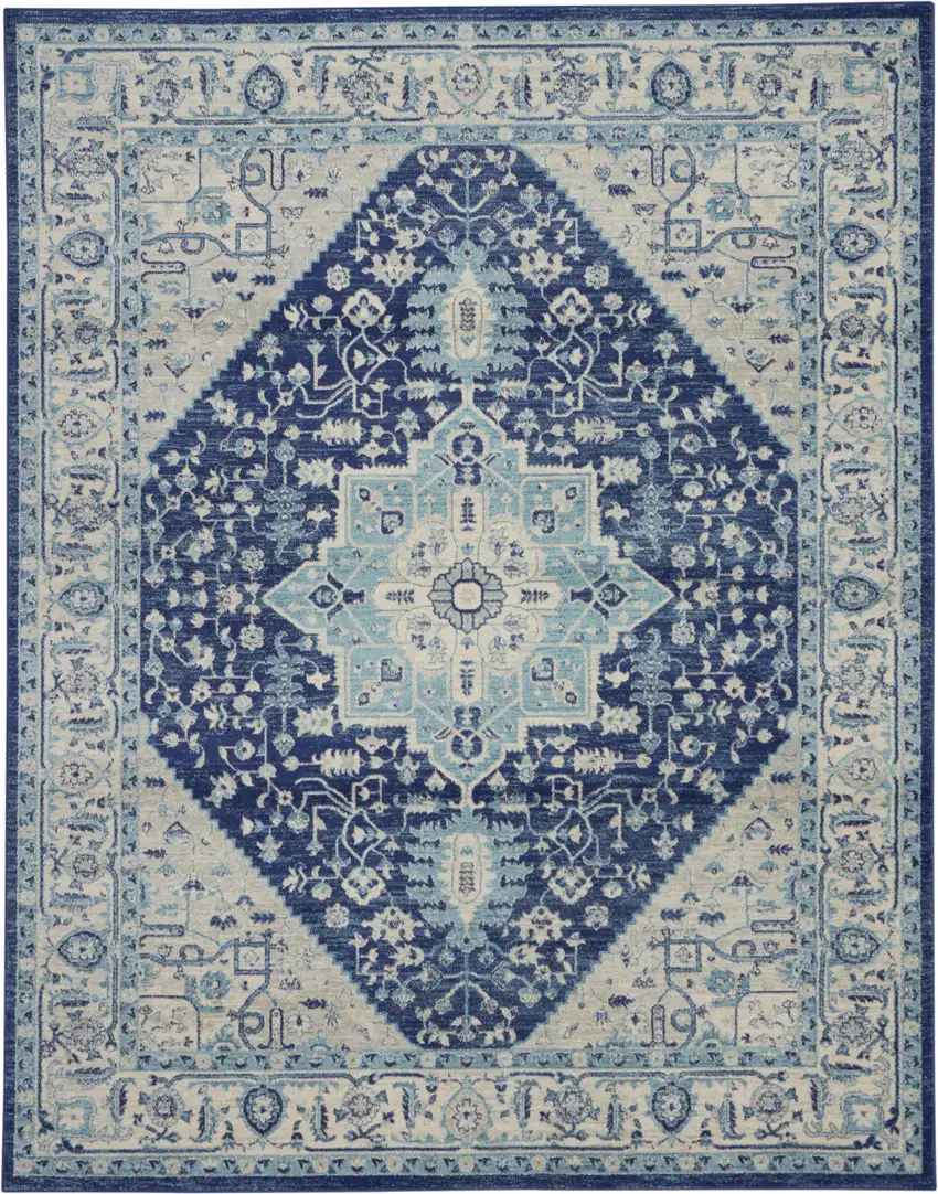 Ivory And Navy Blue Floral Medallion Distressed Area Rug Photo 2