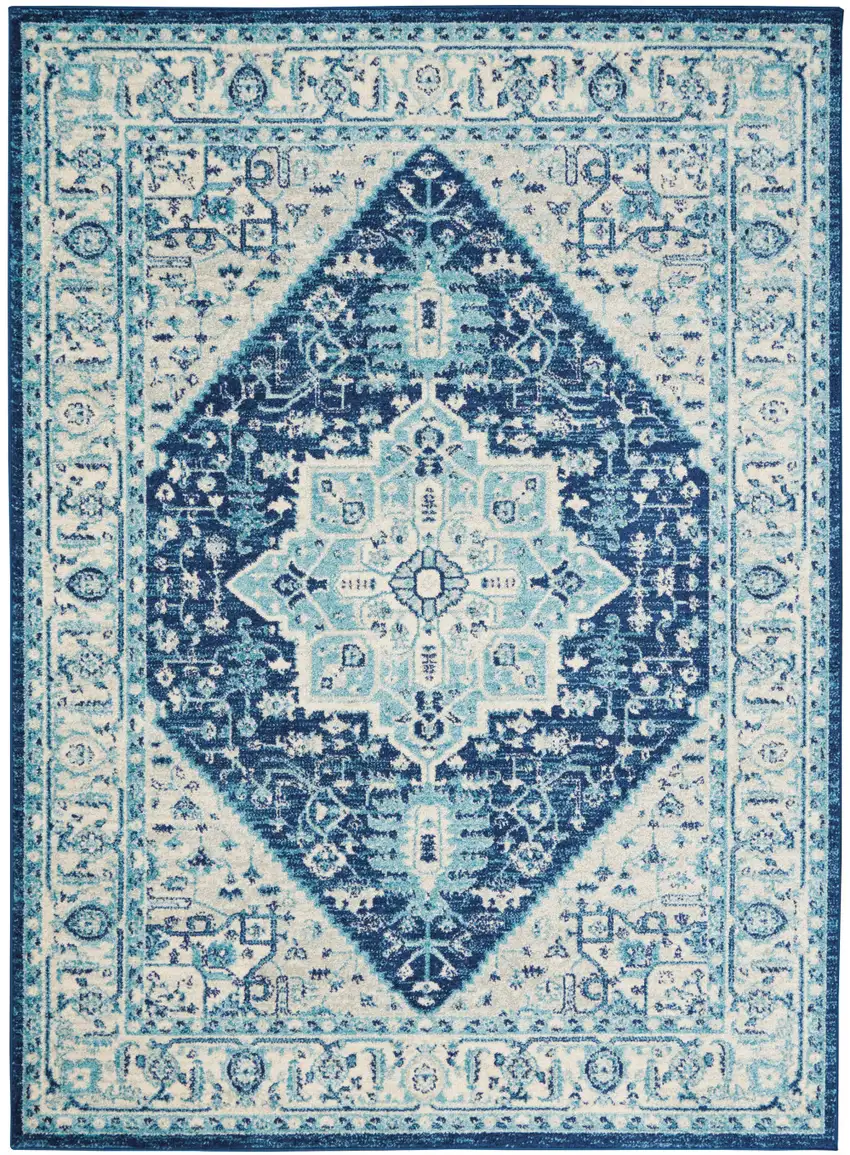 Ivory And Navy Blue Floral Medallion Distressed Area Rug Photo 7