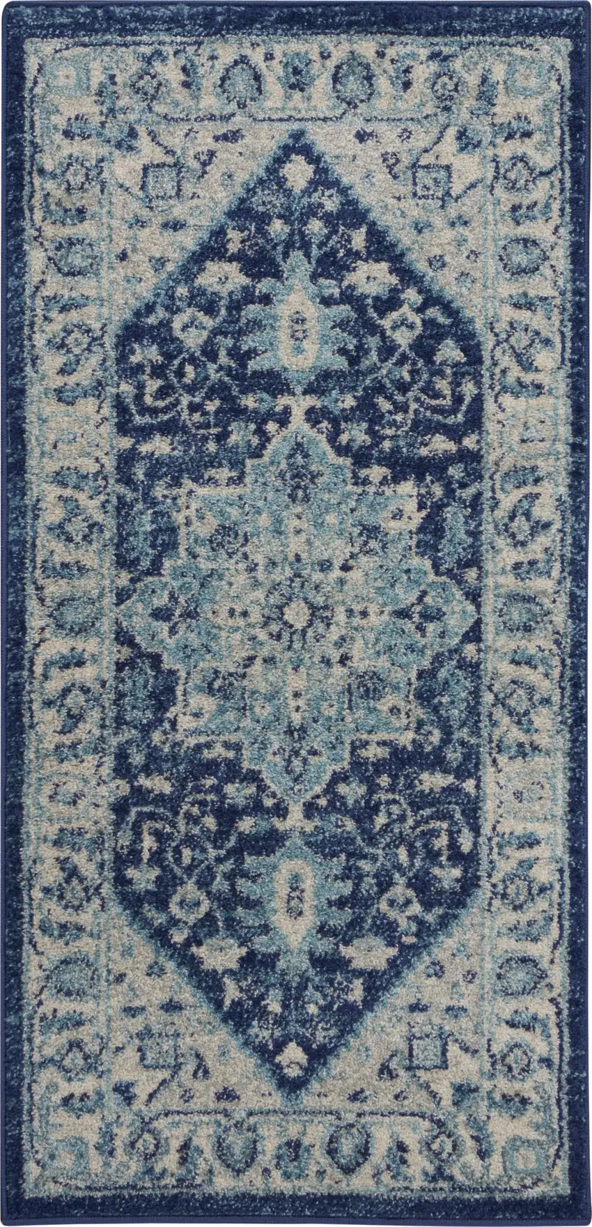 Ivory And Navy Blue Floral Medallion Distressed Area Rug Photo 2