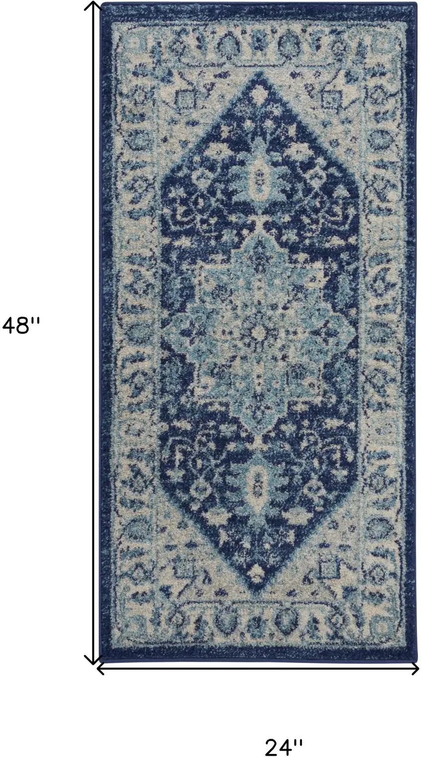 Ivory And Navy Blue Floral Medallion Distressed Area Rug Photo 3