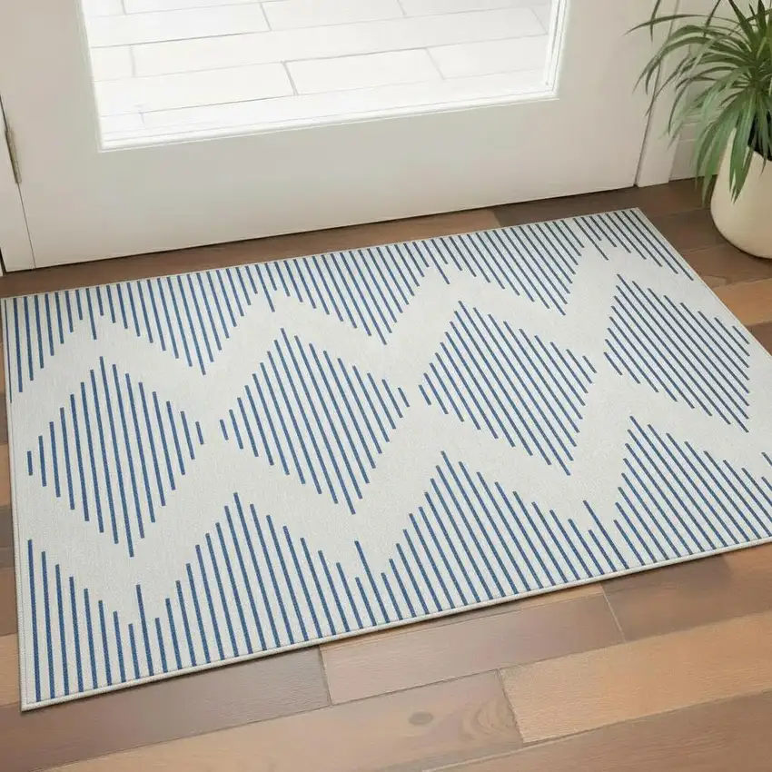 Ivory And Navy Blue Geometric Washable Area Rug With UV Protection Photo 2