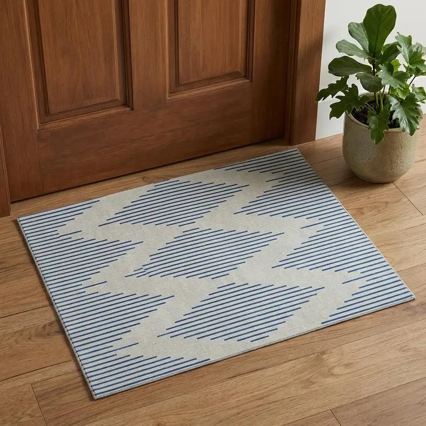 Ivory And Navy Blue Geometric Washable Area Rug With UV Protection Photo 1