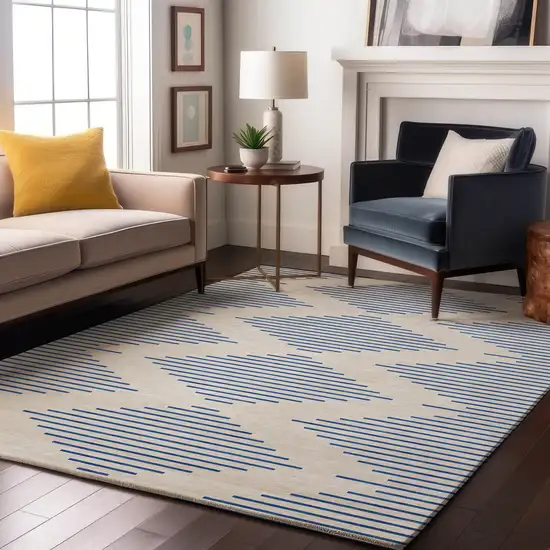 Ivory And Navy Blue Geometric Washable Area Rug With UV Protection Photo 4