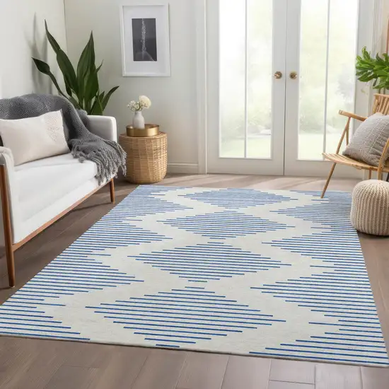 Ivory And Navy Blue Geometric Washable Area Rug With UV Protection Photo 5