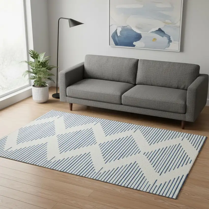 Ivory And Navy Blue Geometric Washable Area Rug With UV Protection Photo 2