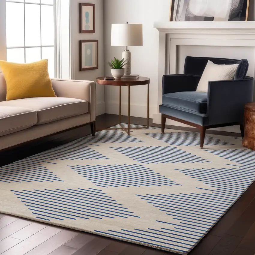 Ivory And Navy Blue Geometric Washable Area Rug With UV Protection Photo 4