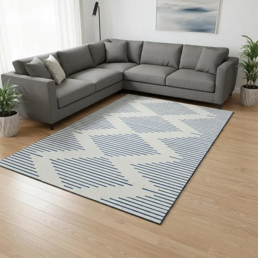 Ivory And Navy Blue Geometric Washable Area Rug With UV Protection Photo 2
