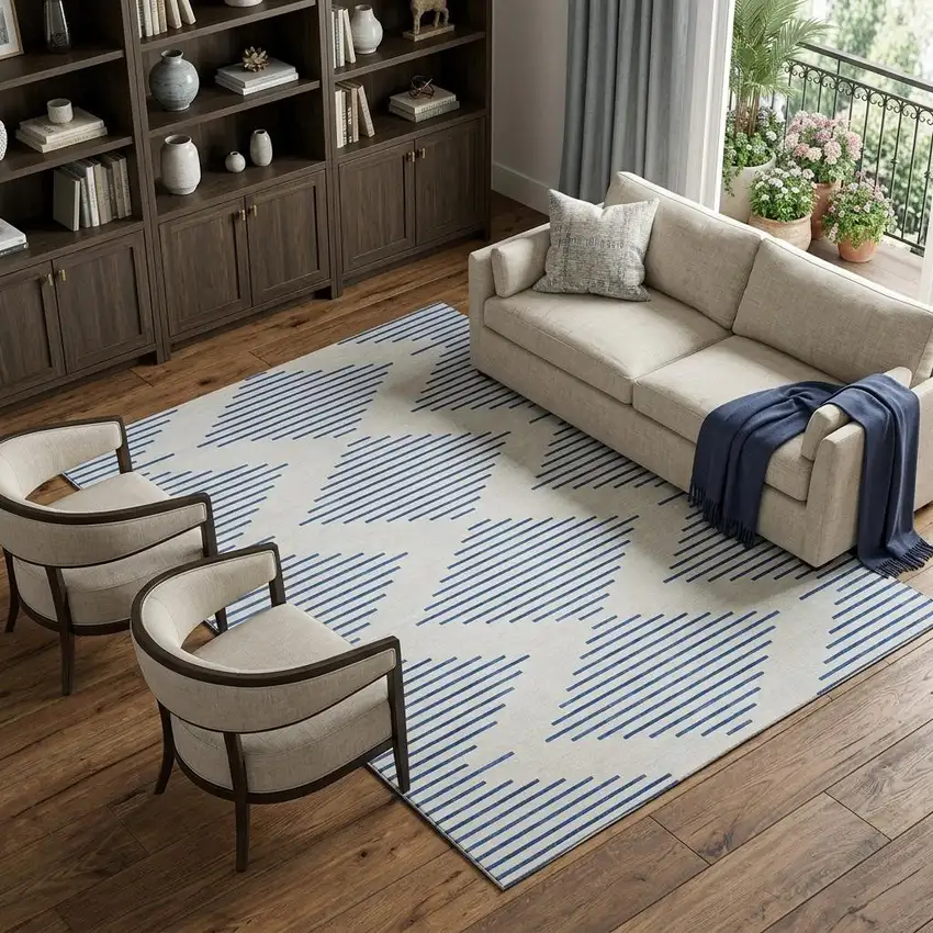 Ivory And Navy Blue Geometric Washable Area Rug With UV Protection Photo 1