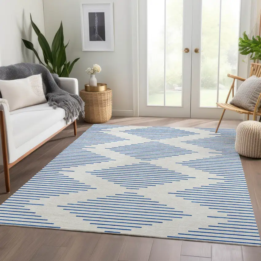 Ivory And Navy Blue Geometric Washable Area Rug With UV Protection Photo 5