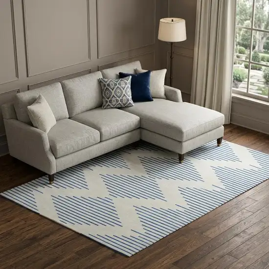 Ivory And Navy Blue Geometric Washable Area Rug With UV Protection Photo 1