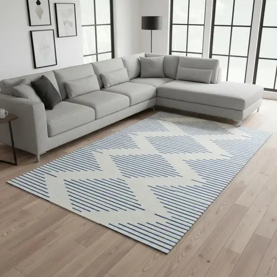 Ivory And Navy Blue Geometric Washable Area Rug With UV Protection Photo 2