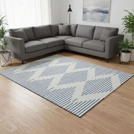 Ivory And Navy Blue Geometric Washable Area Rug With UV Protection Photo 2