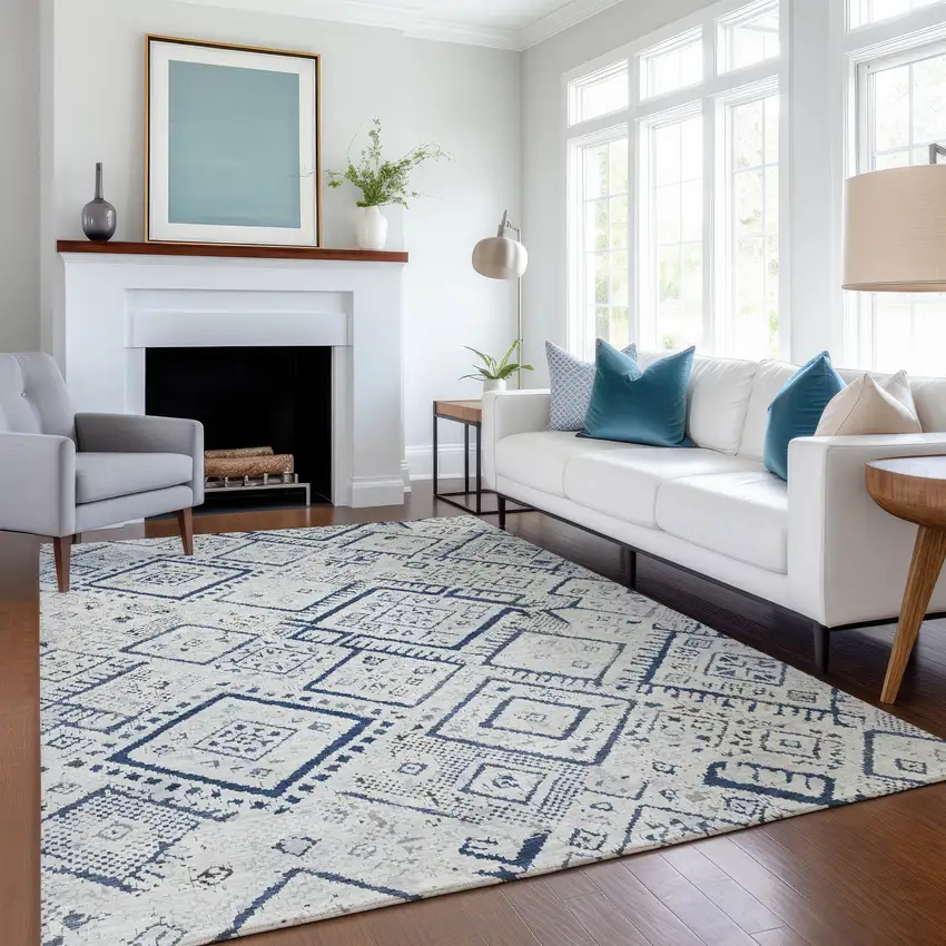 Ivory And Navy Blue Geometric Washable Indoor Outdoor Area Rug Photo 6