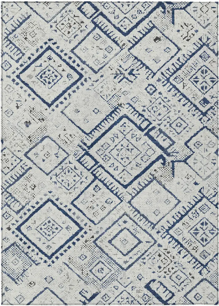 Ivory And Navy Blue Geometric Washable Indoor Outdoor Area Rug Photo 1