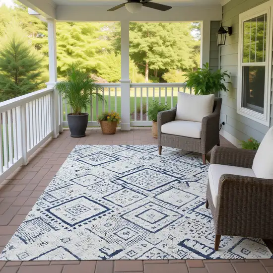 Ivory And Navy Blue Geometric Washable Indoor Outdoor Area Rug Photo 4