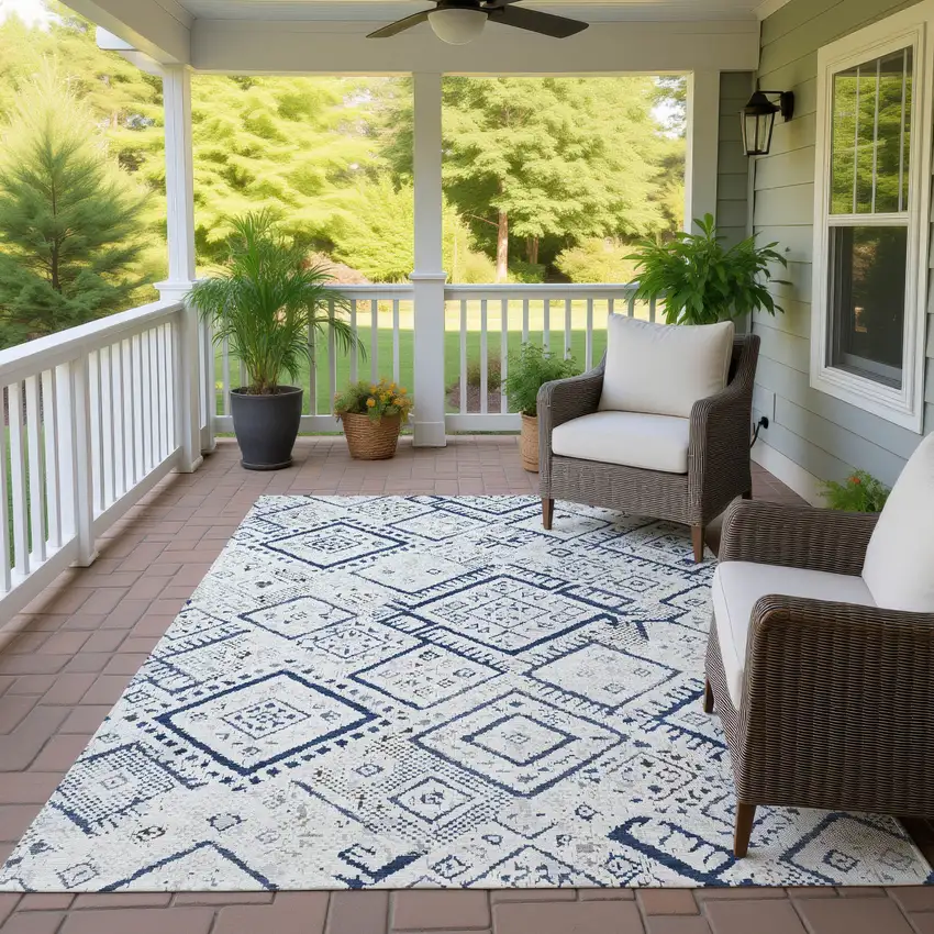 Ivory And Navy Blue Geometric Washable Indoor Outdoor Area Rug Photo 4