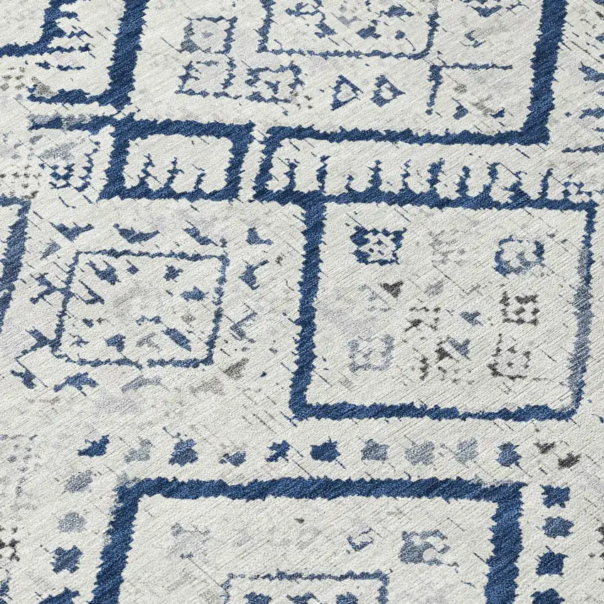 Ivory And Navy Blue Geometric Washable Indoor Outdoor Area Rug Photo 9