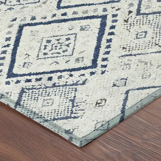 Ivory And Navy Blue Geometric Washable Indoor Outdoor Area Rug Photo 8