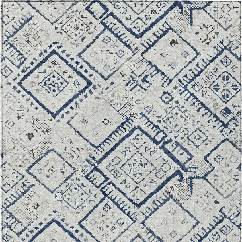 Ivory And Navy Blue Geometric Washable Indoor Outdoor Area Rug Photo 3