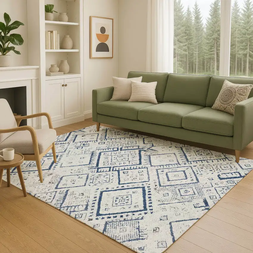 Ivory And Navy Blue Geometric Washable Indoor Outdoor Area Rug Photo 5