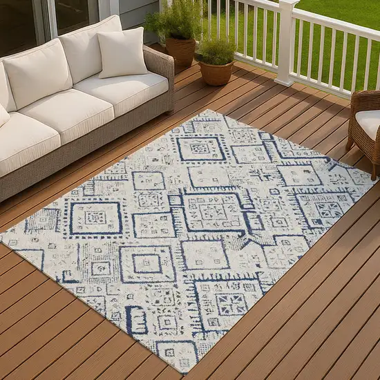 Ivory And Navy Blue Geometric Washable Indoor Outdoor Area Rug Photo 7