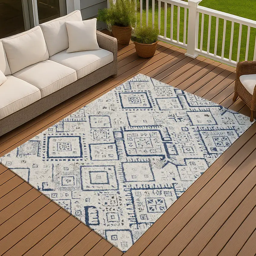 Ivory And Navy Blue Geometric Washable Indoor Outdoor Area Rug Photo 7