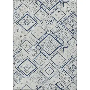 Photo of Ivory And Navy Blue Geometric Washable Indoor Outdoor Area Rug