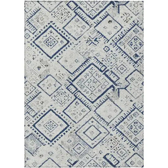 Ivory And Navy Blue Geometric Washable Indoor Outdoor Area Rug Photo 1
