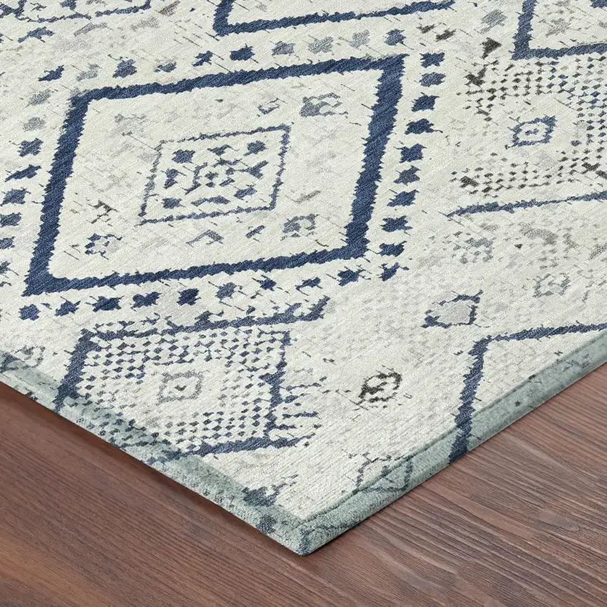 Ivory And Navy Blue Geometric Washable Indoor Outdoor Area Rug Photo 8