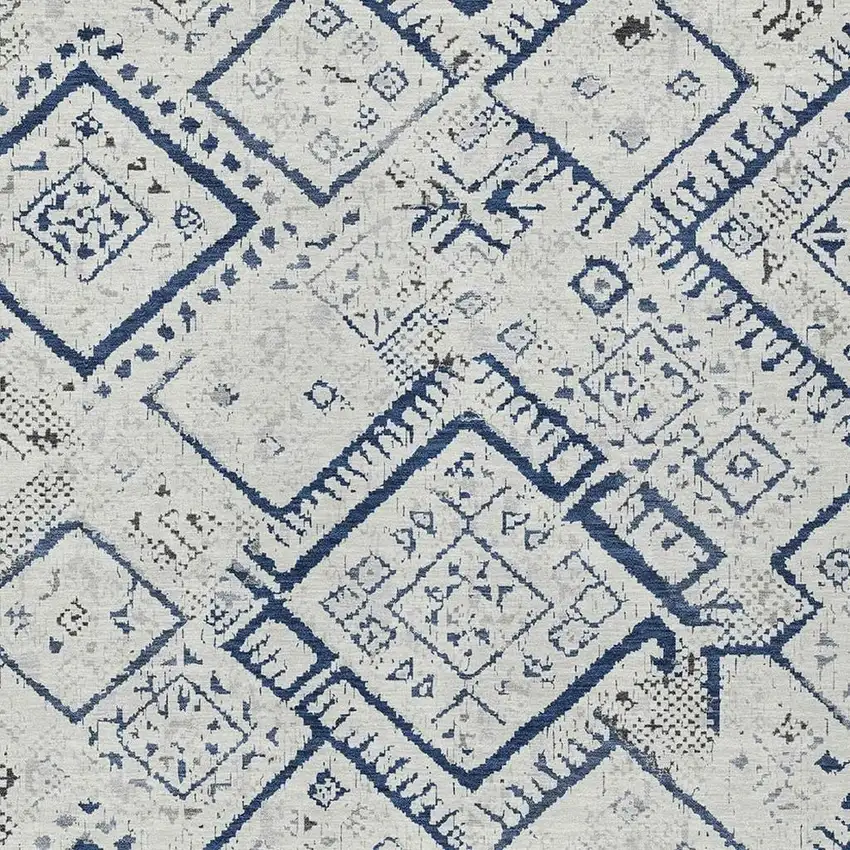 Ivory And Navy Blue Geometric Washable Indoor Outdoor Area Rug Photo 2