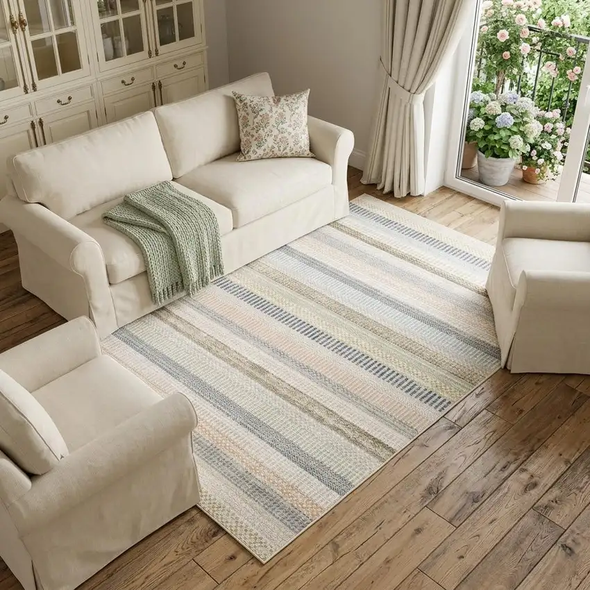 Ivory And Navy Blue Striped Area Rug Photo 1
