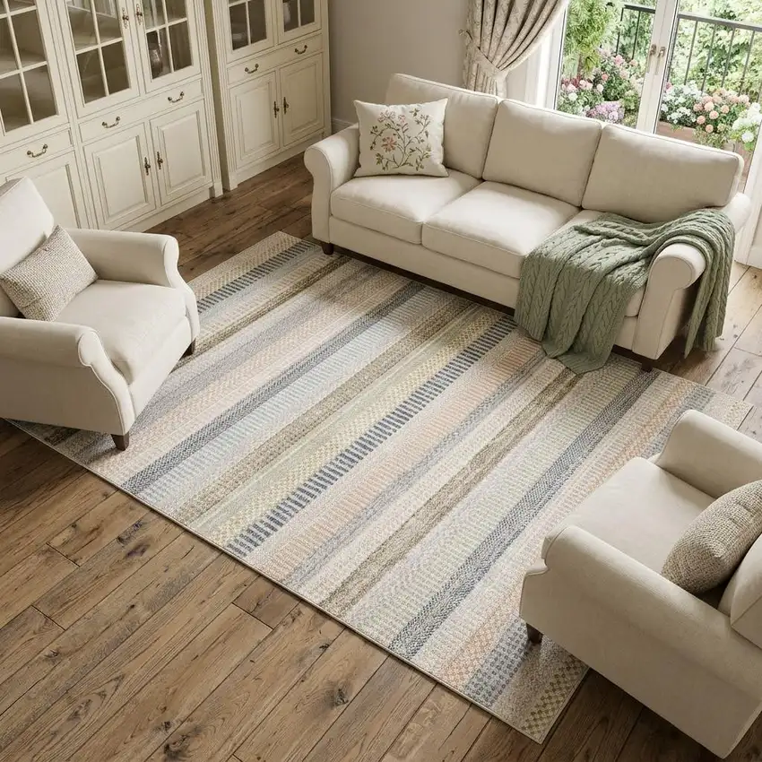 Ivory And Navy Blue Striped Area Rug Photo 1
