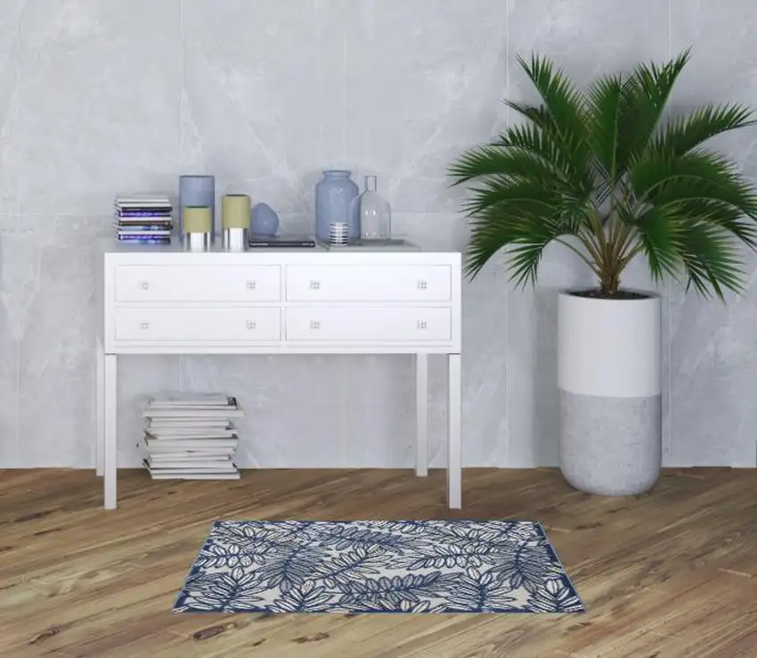 Ivory And Navy Floral Non Skid Indoor Outdoor Area Rug Photo 2