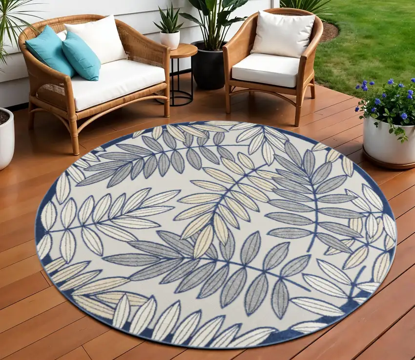Ivory And Blue Round Indoor Outdoor Area Rug Photo 2