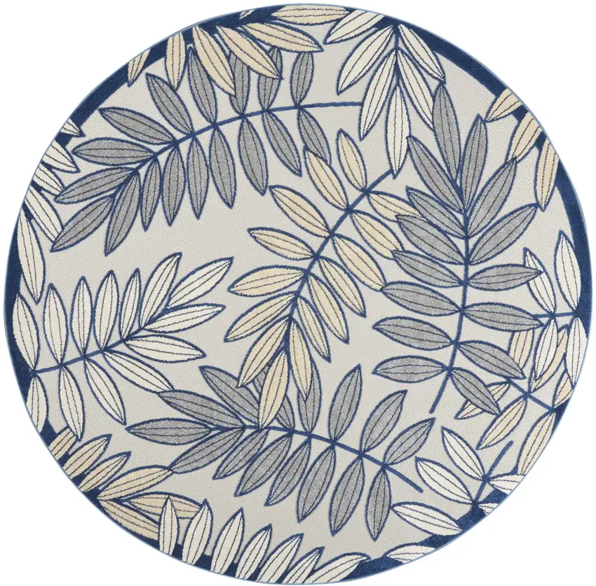 Ivory And Blue Round Indoor Outdoor Area Rug Photo 3