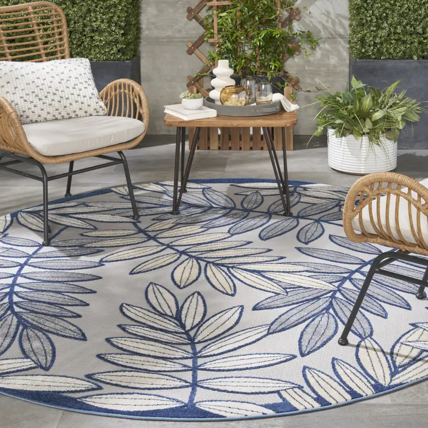 Ivory And Blue Round Indoor Outdoor Area Rug Photo 9