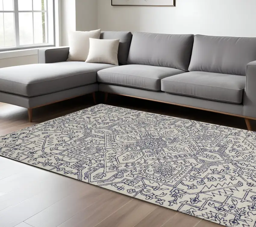 Ivory and Blue Wool Floral Hand Tufted Area Rug Photo 2