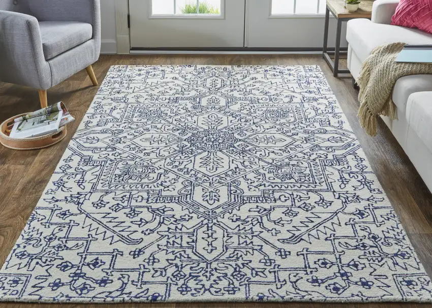 Ivory And Navy Wool Floral Tufted Handmade Stain Resistant Area Rug Photo 7