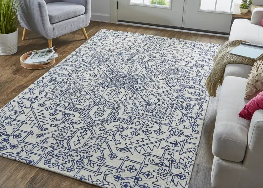 Ivory And Navy Wool Floral Tufted Handmade Stain Resistant Area Rug Photo 6