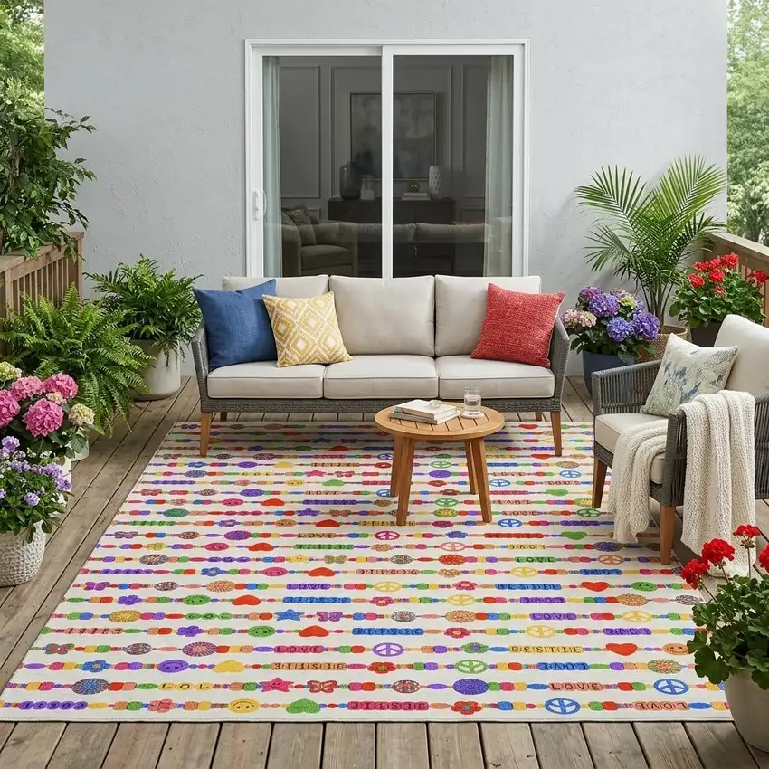 Ivory And Olive Green Geometric Washable Indoor Outdoor Area Rug Photo 1