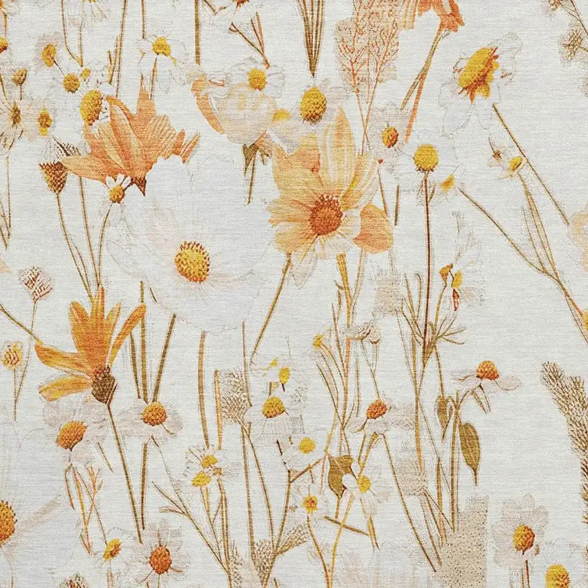 Ivory And Orange Floral Washable Area Rug With UV Protection Photo 2