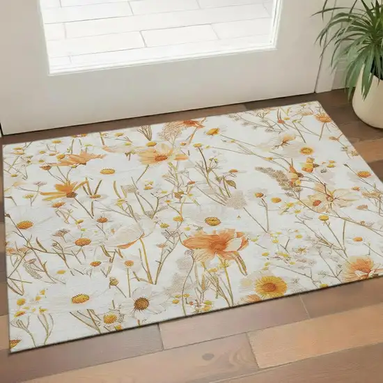 Ivory And Orange Floral Washable Area Rug With UV Protection Photo 2