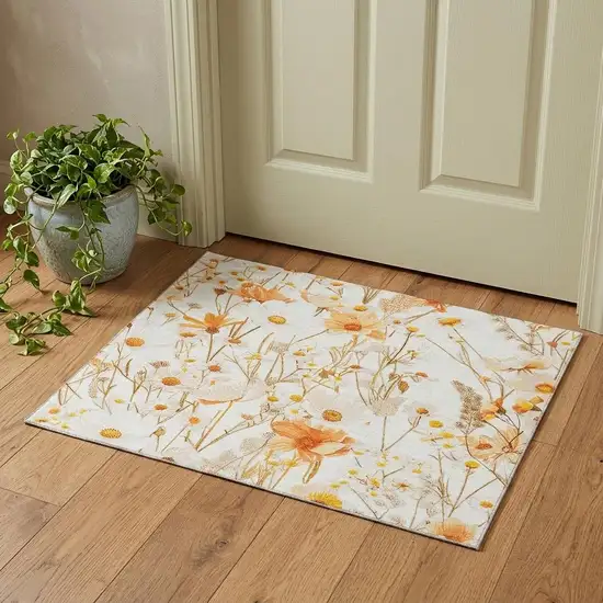 Ivory And Orange Floral Washable Area Rug With UV Protection Photo 1