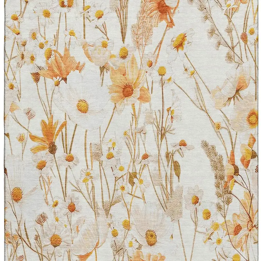 Ivory And Orange Floral Washable Area Rug With UV Protection Photo 3