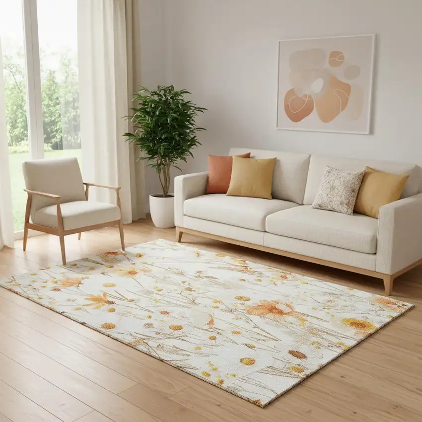Ivory And Orange Floral Washable Area Rug With UV Protection Photo 2