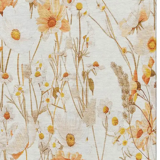 Ivory And Orange Floral Washable Area Rug With UV Protection Photo 2