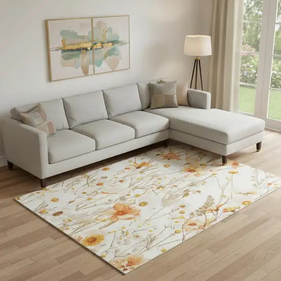 Ivory And Orange Floral Washable Area Rug With UV Protection Photo 2