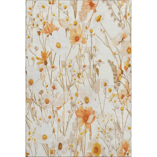Ivory And Orange Floral Washable Area Rug With UV Protection Photo 1