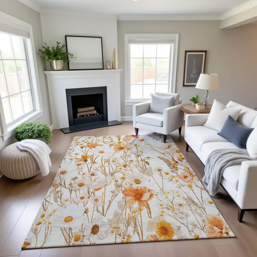 Ivory And Orange Floral Washable Area Rug With UV Protection Photo 4