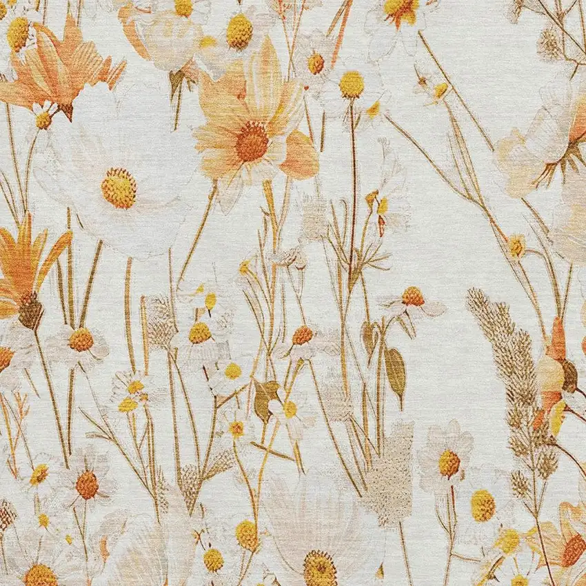 Ivory And Orange Floral Washable Area Rug With UV Protection Photo 2